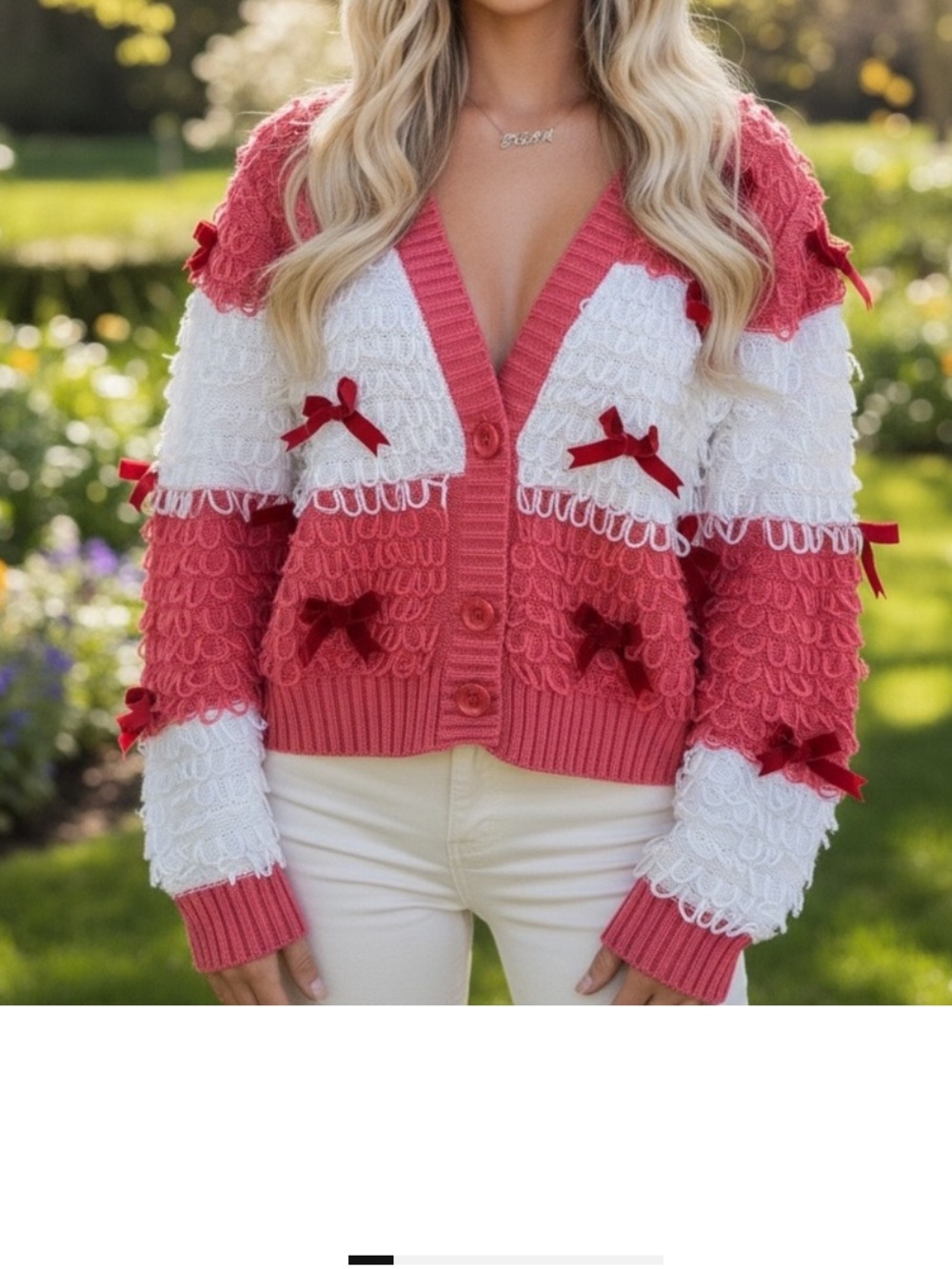 Mighty Fine Festive Loop Stitch Bow-Appliqué Cropped Cardigan in Coral and White
